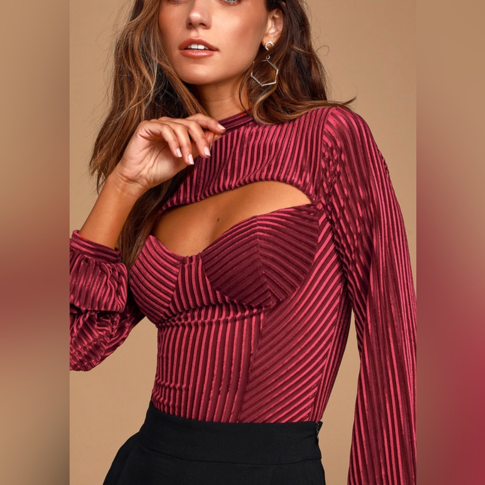 Lulus Always Alluring Burgundy Striped Velvet Cutout Bustier Bodysuit - Medium
